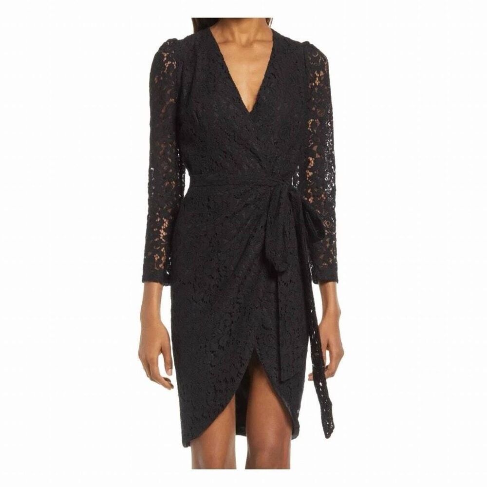 Bardot Black Floral Lace Mock Wrap Cocktail Dress Women's M NEW